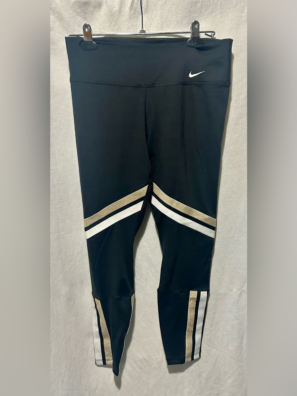 Nike Dri-Fit Black Leggings Gold White Colorblock Stripe Size L Womens Like New